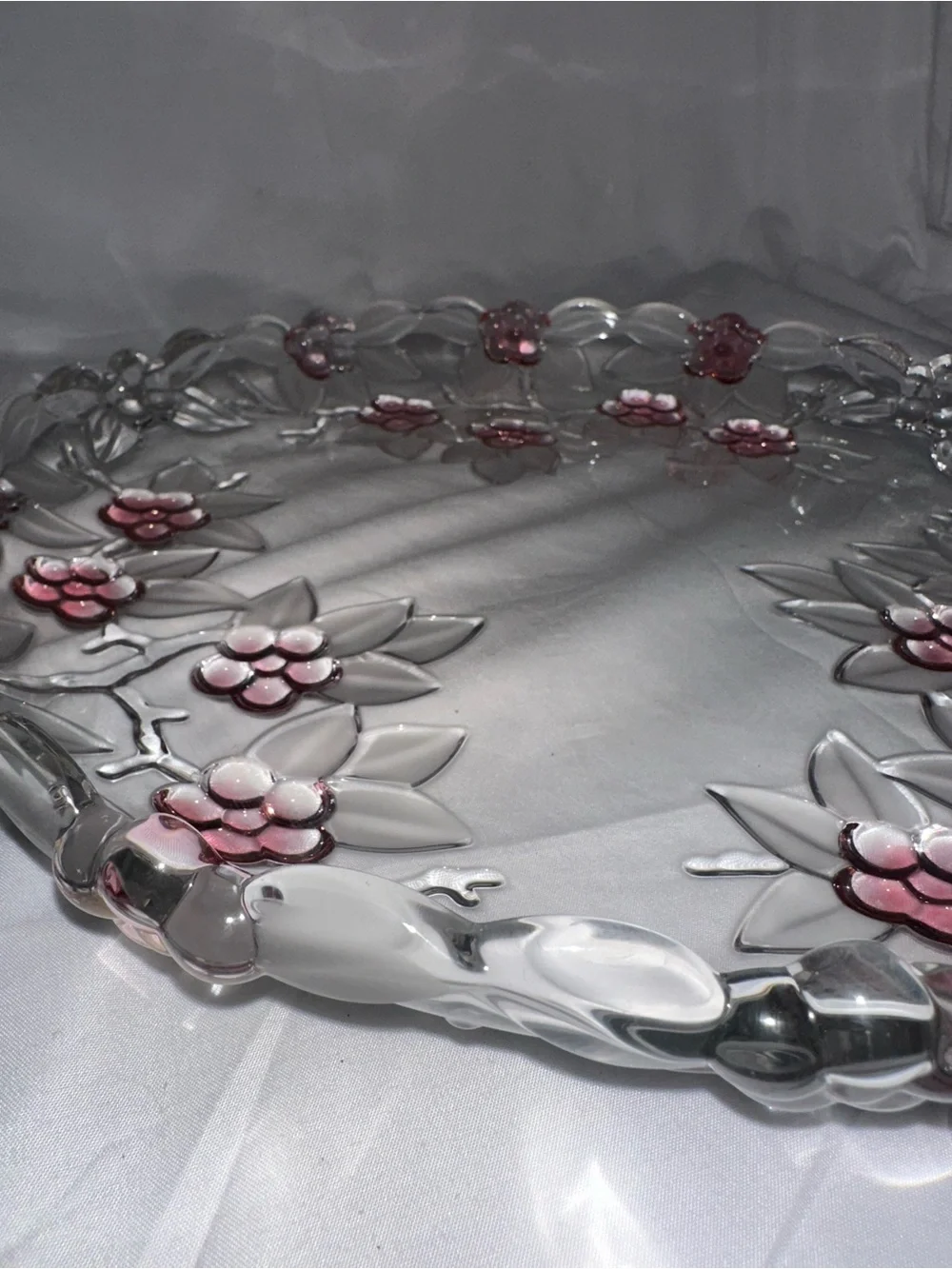 Pink Floral Clear Glass 11.5” Serving Platter Raised Flowers